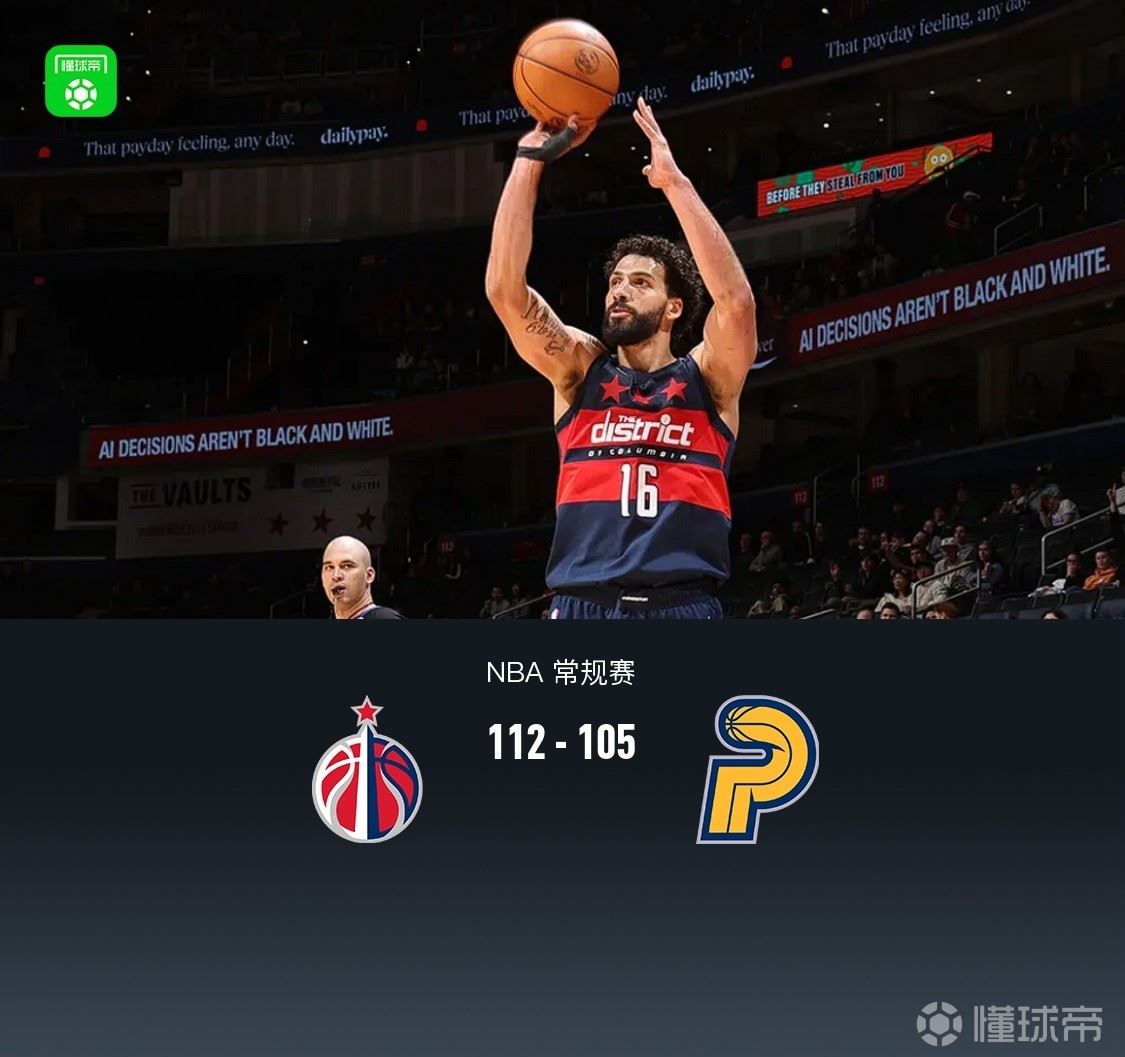  奇才7人上双112-105力克步行者，库利巴利12分，沃克21+14+7